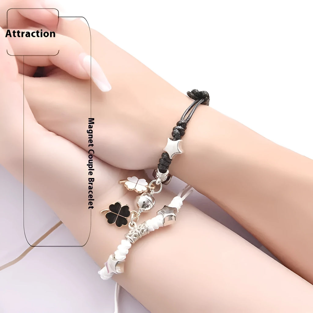 Magnetic couple bracelets with alloy construction and various design options including love symbols and animal patterns