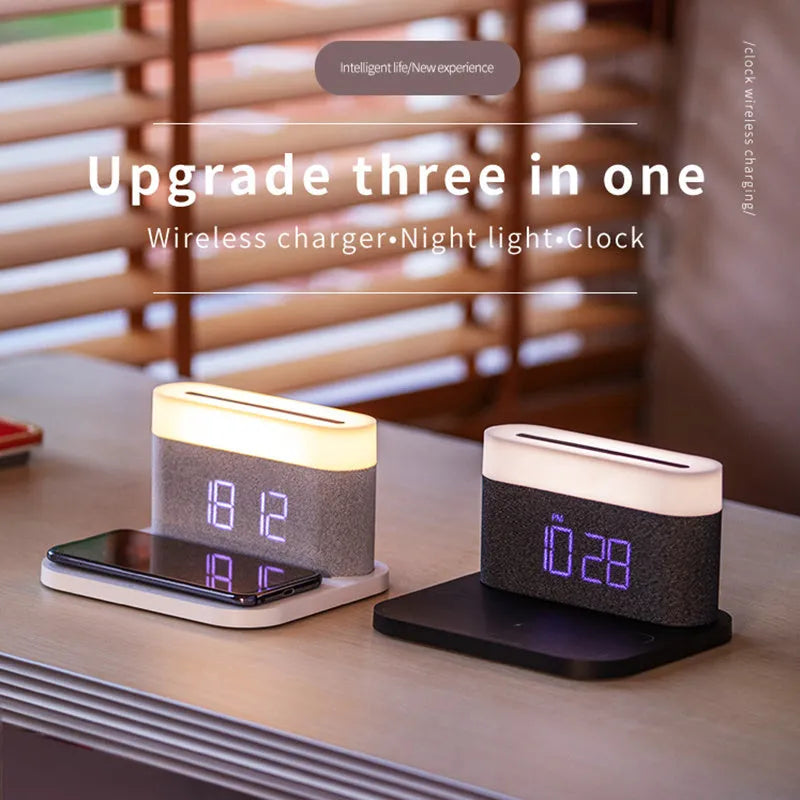 Modern minimalist desktop clock night light with wireless charging in black or white colours