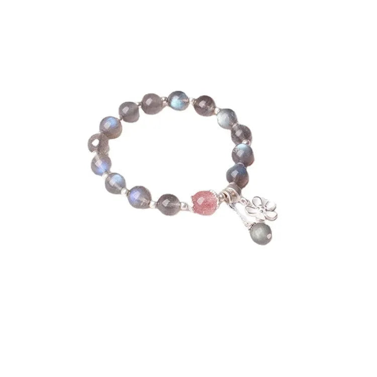 Grey moonlight crystal bracelet for women, 7.5mm beads, 925 sterling silver with honeysuckle clasp