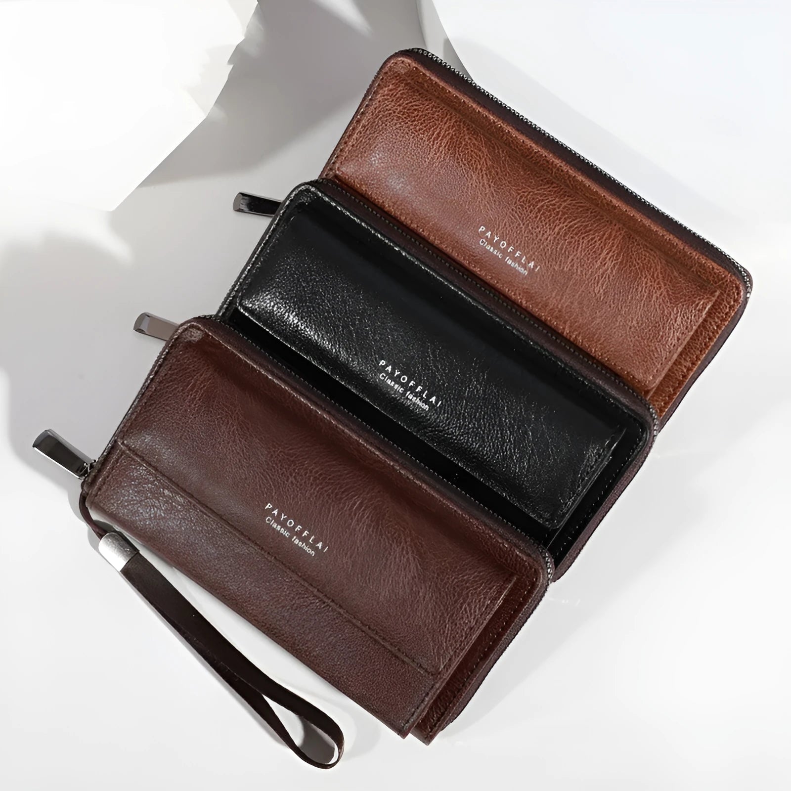 Men's black PU leather bifold wallet with multiple card slots, shown open and closed.