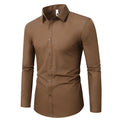 Men's loose-fit long-sleeve linen shirt on a hanger, shown in a light grey colour.