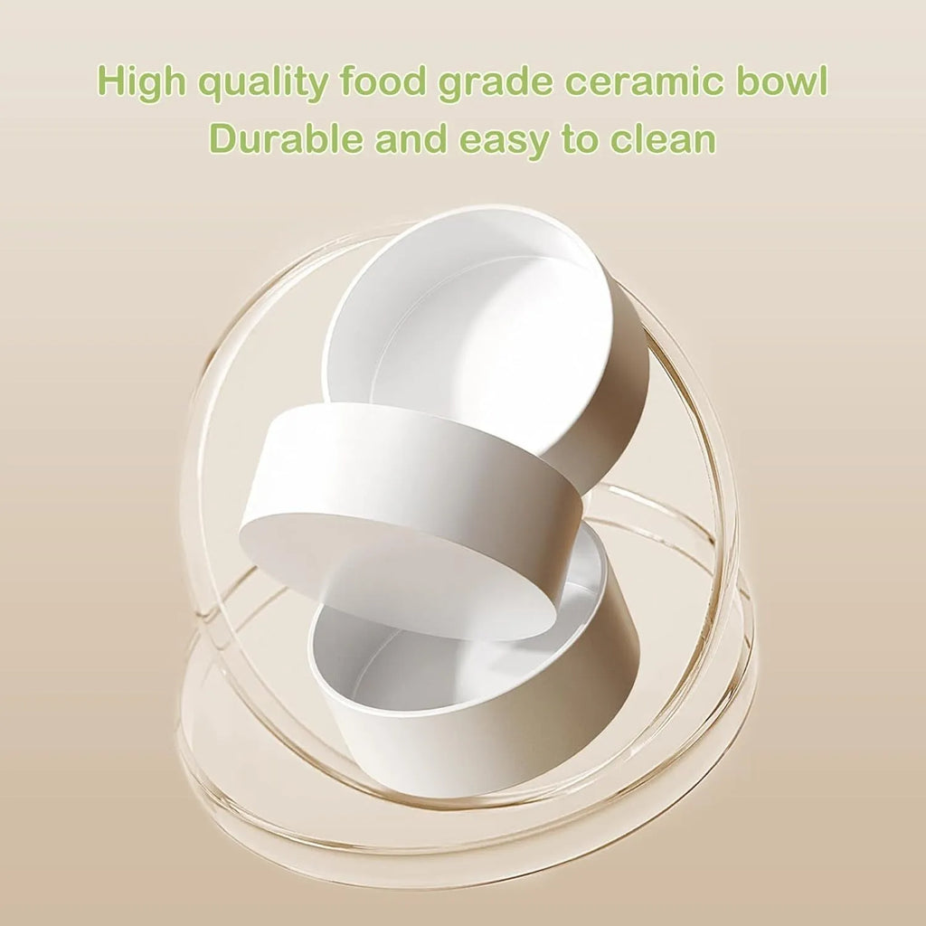Green and white ceramic elevated cat bowl set with tilted stand and two bowls for food and water.