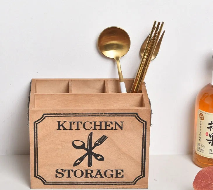 Wooden kitchen storage box with grid dividers for cutlery and chopsticks