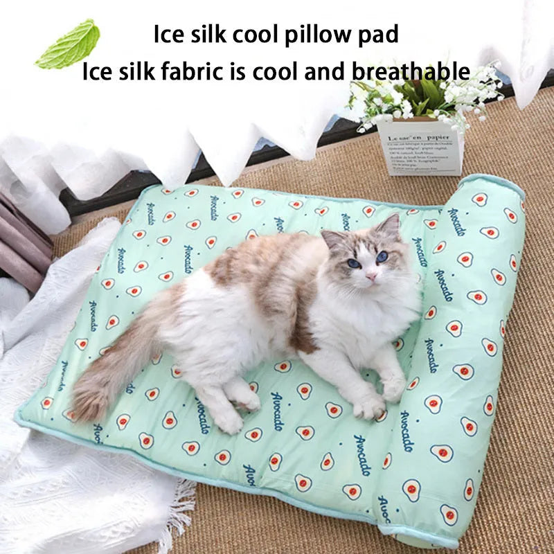 Blue cooling dog mat on floor with small dog lying on it, breathable ice silk cotton surface