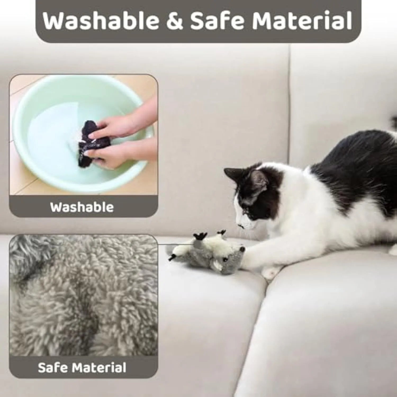 Grey flapping squirrel cat toy with motion sensor, USB charging port, and realistic sound features
