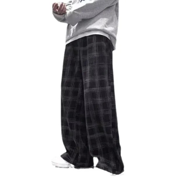 Japanese retro loose straight plaid trousers in black and green, mid waist, polyester fibre, sizes S to 3XL
