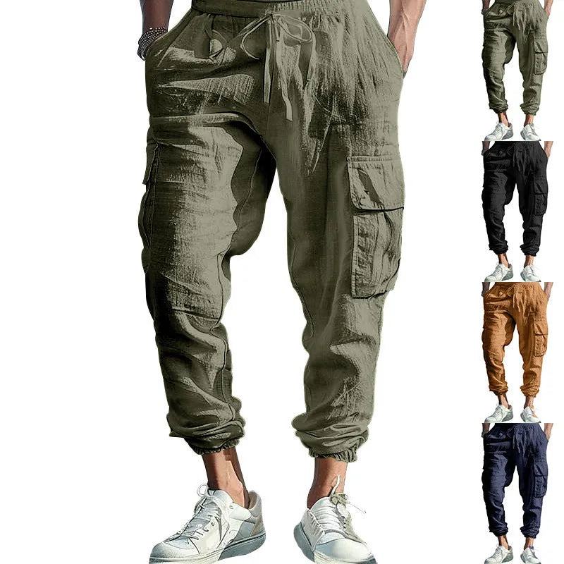 Men's ankle-tied loose fit linen casual trousers in army green, showing multiple pockets and drawstring waist.