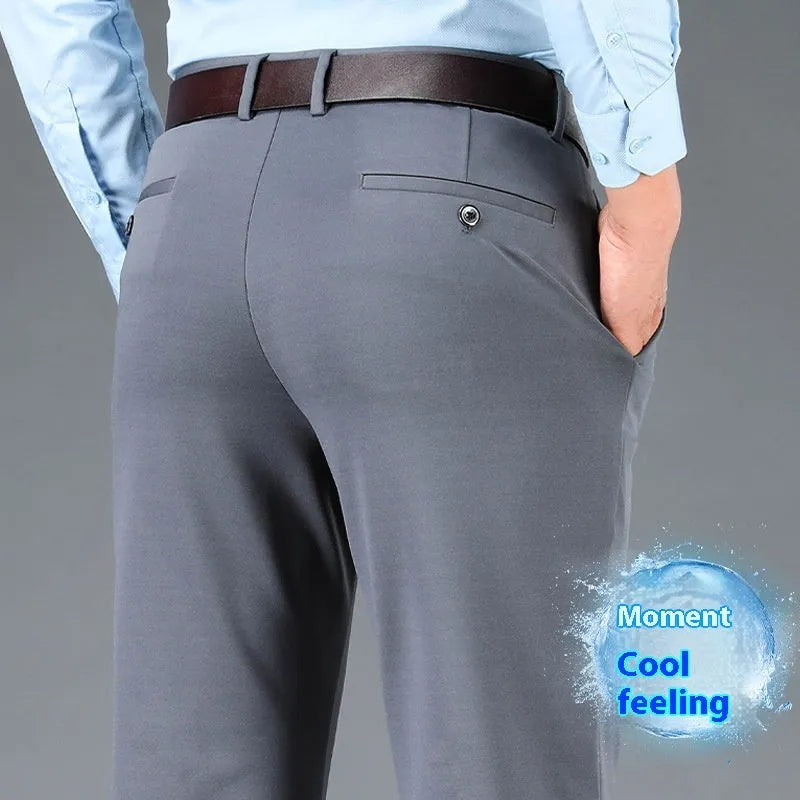 Men's business casual plus-sized straight-leg suit pants in solid colour with wool lining and zip fly