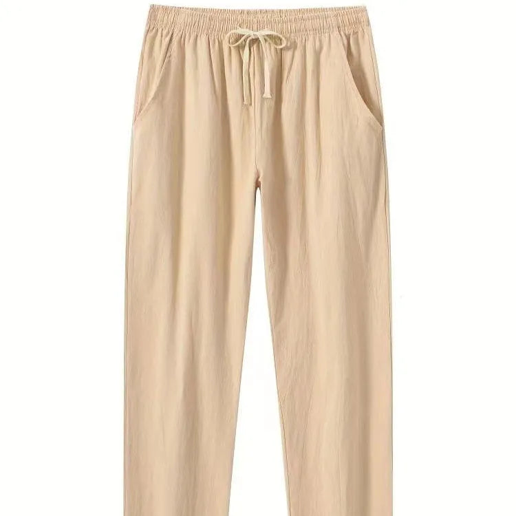 Cotton and linen beach pants for men, loose casual fit, solid colour trousers in khaki