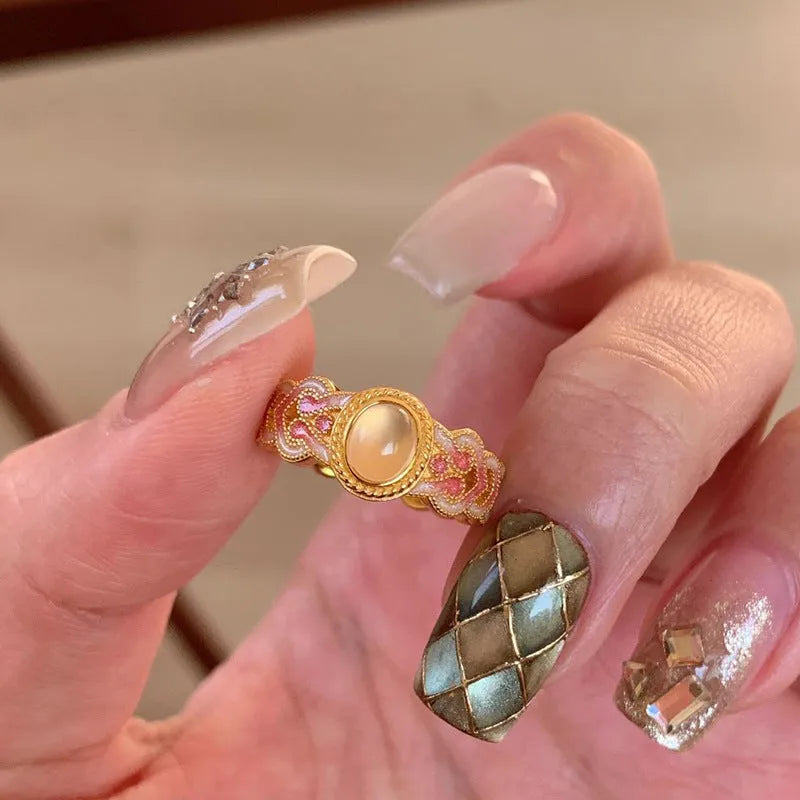 Escape K227 pink crystal enamel geometric open ring in gold-plated copper.