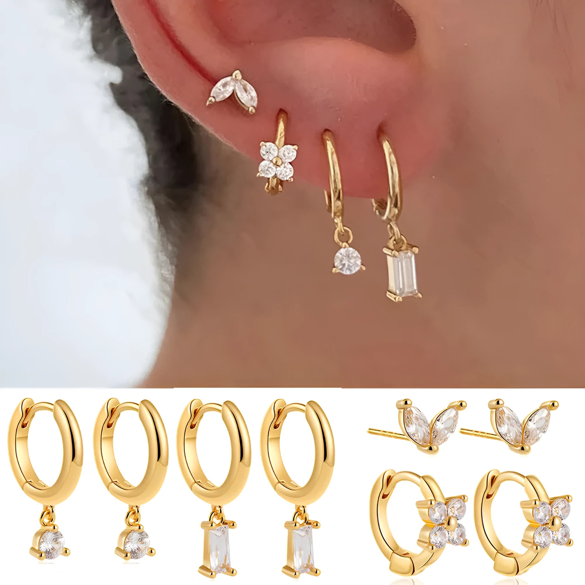 Women's geometric square earrings with zircon detailing in gold or silver electroplated copper