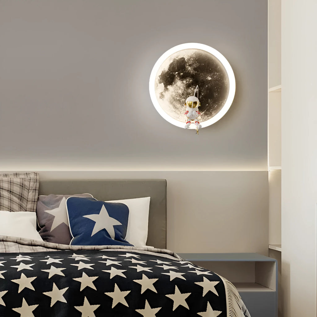 Modern minimalist moon wall lamp with acrylic shade, black finish, showing warm light, 220V
