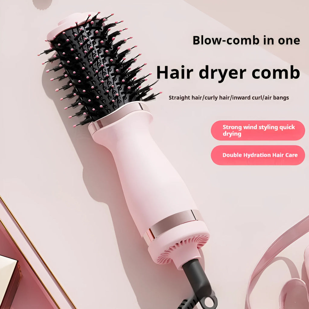 Pink multifunctional hair dryer with integrated comb and curling attachments for complete hair styling