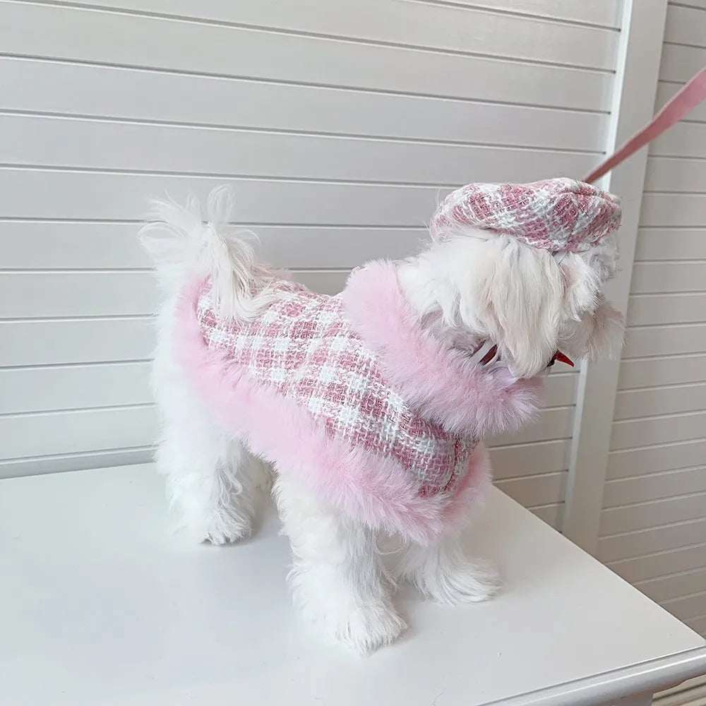 Pink cat cloak costume set with beret and hand-holding rope detail on hanger