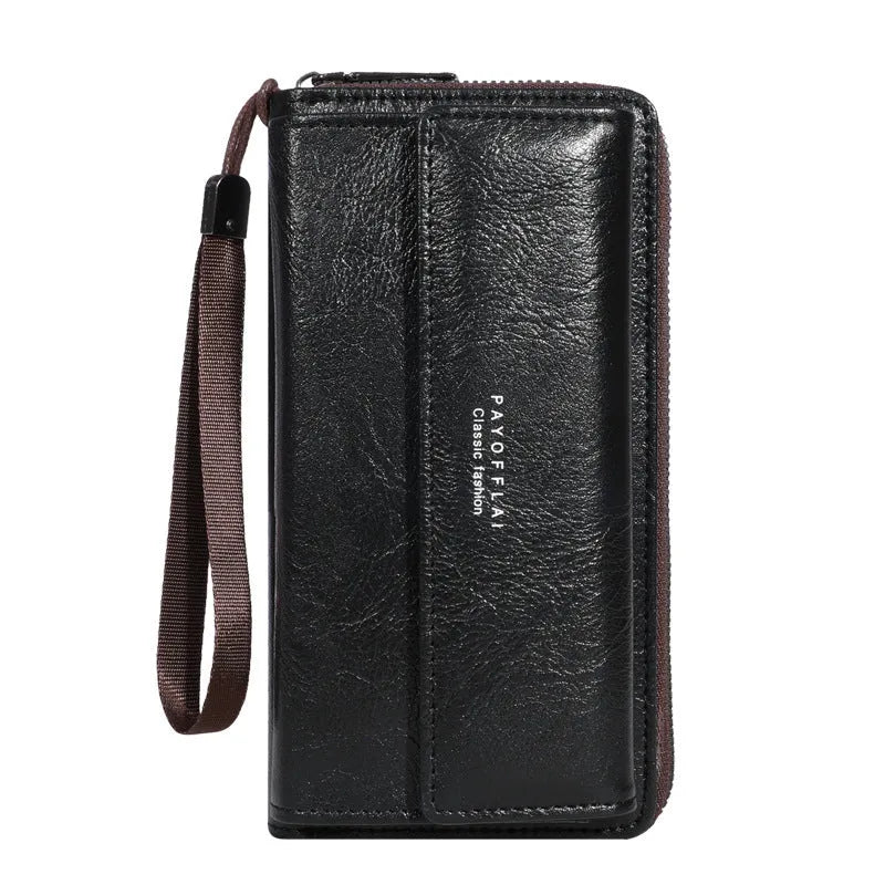 Men's black PU leather bifold wallet with multiple card slots, shown open and closed.