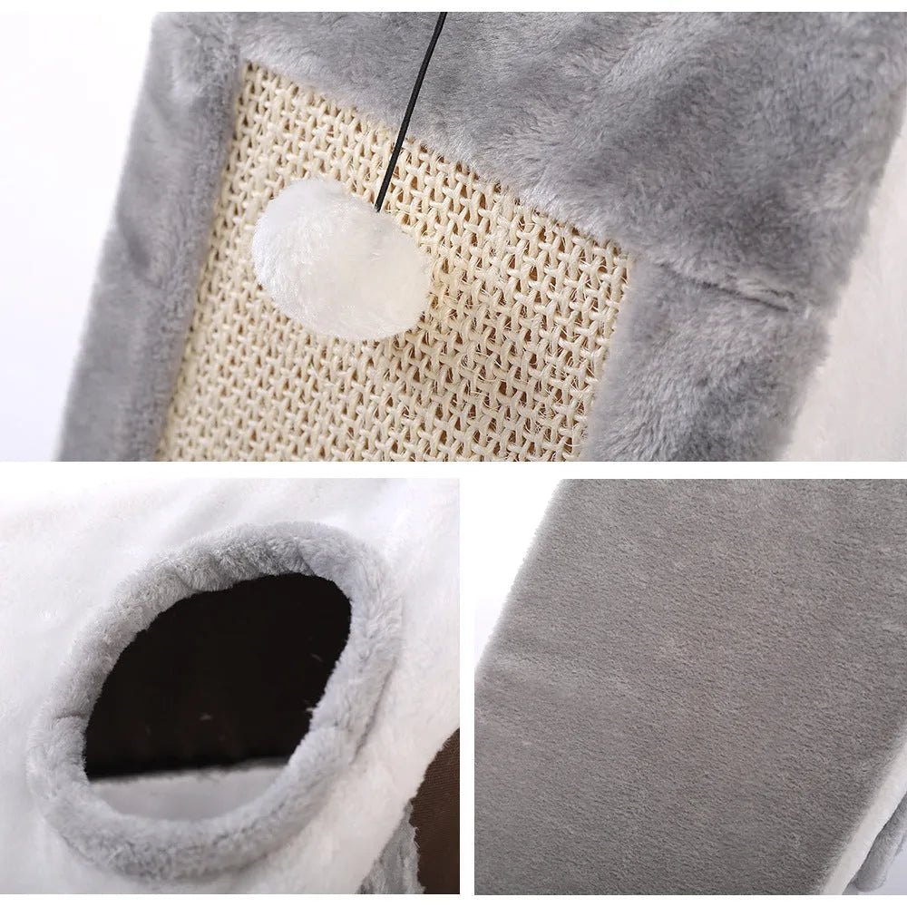 Triangular faux fur cat scratching post and bed platform in grey and white colours.