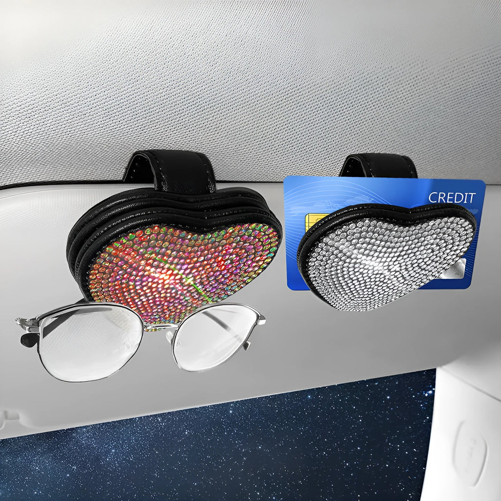 Car sun visor magnetic storage clip with diamond-encrusted PU leather design for organising glasses and tickets