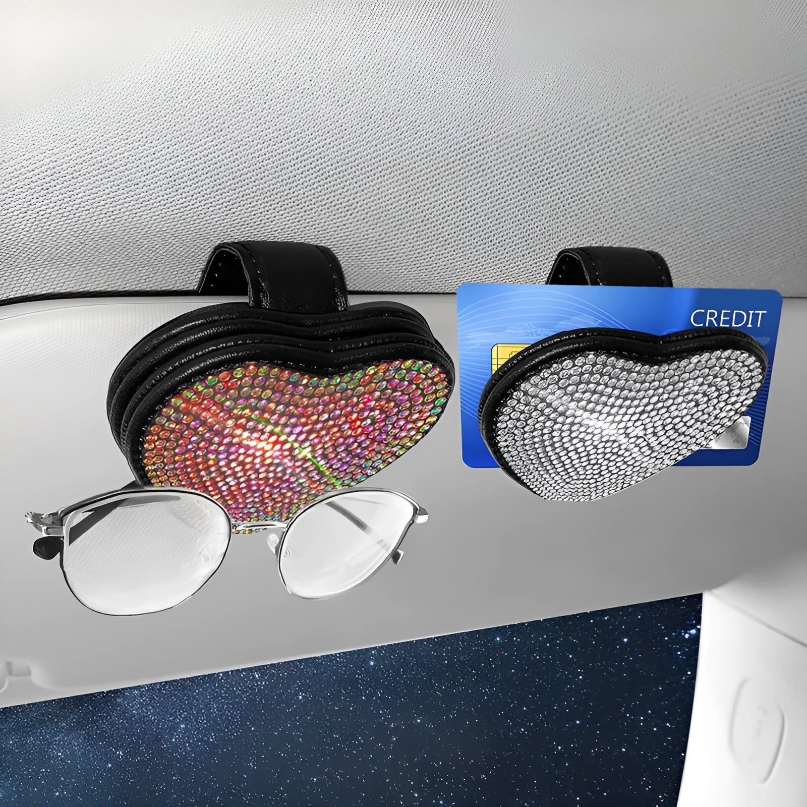 Car sun visor magnetic storage clip with diamond-encrusted PU leather design for organising glasses and tickets