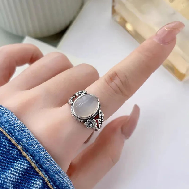 Adjustable opening copper vintage ring with imitation white chalcedony stone and U-shaped design