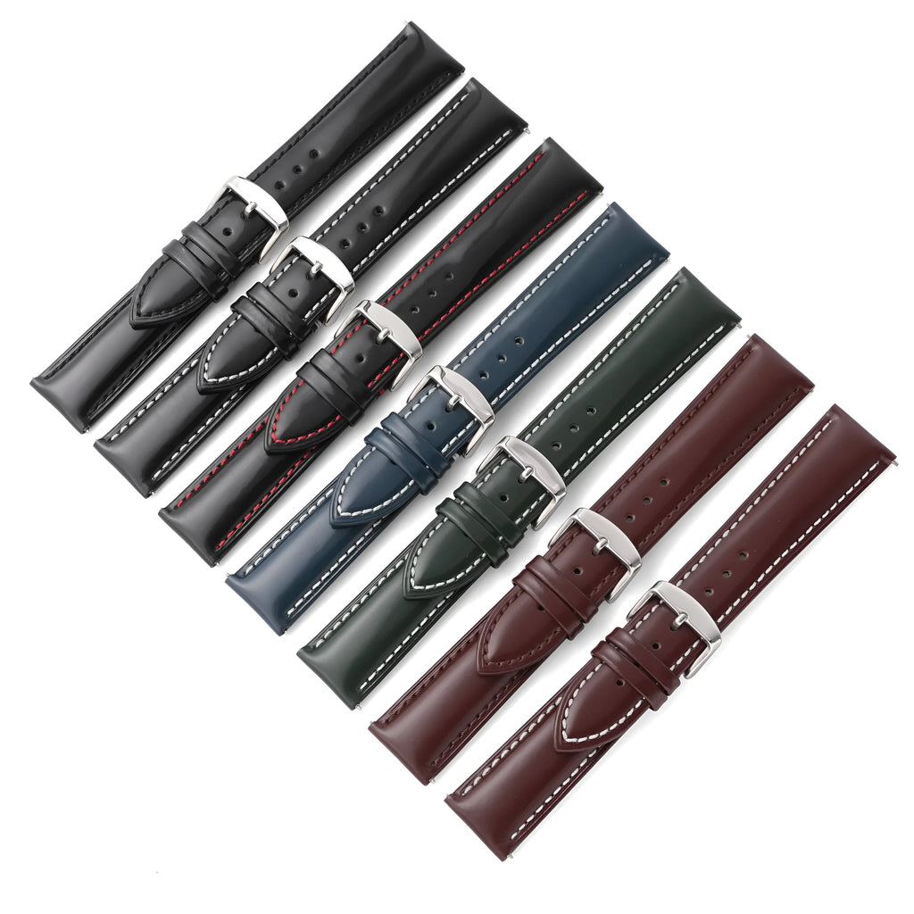 Quick release leather watch strap in cowhide showing colour options and straight end design