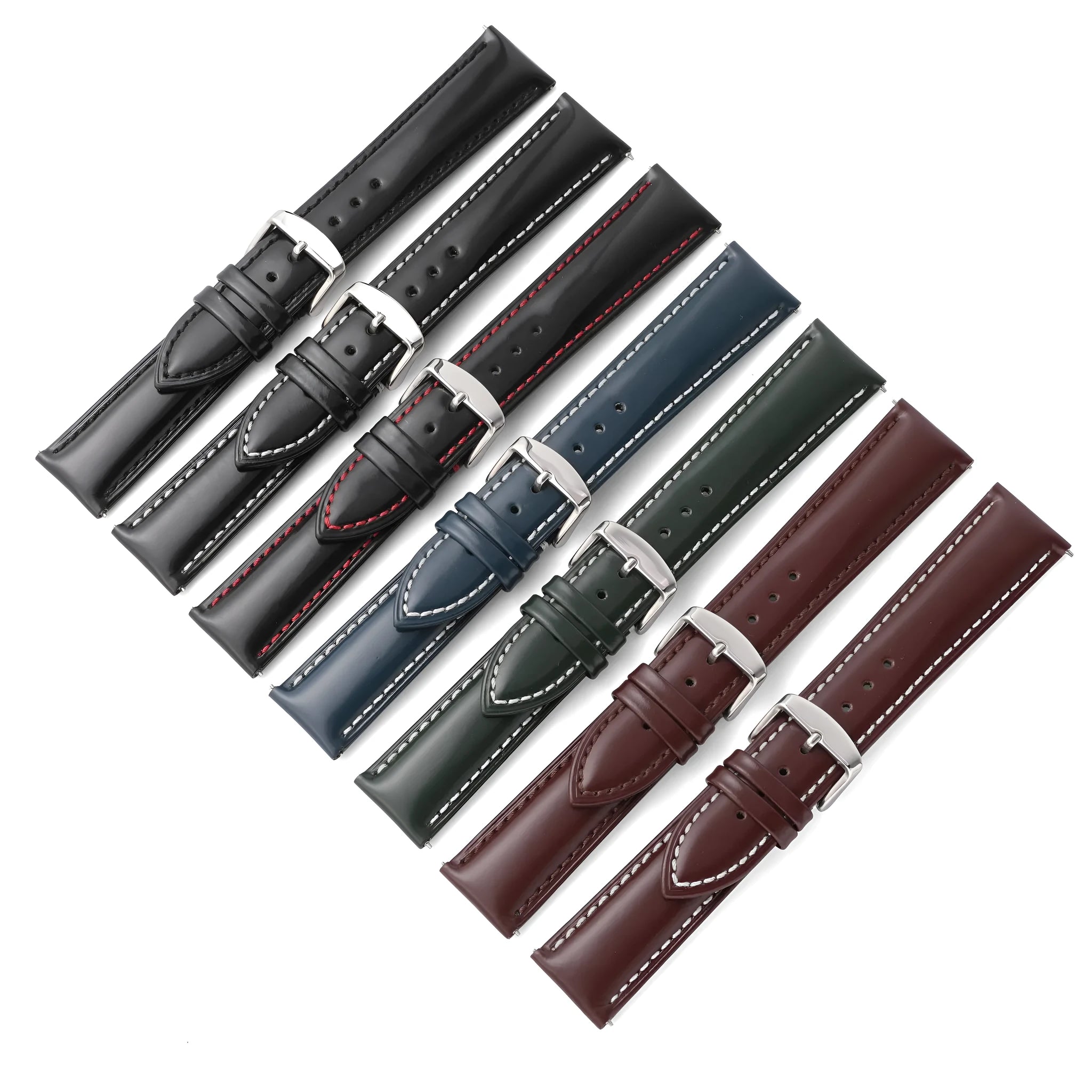 Quick release leather watch strap in cowhide showing colour options and straight end design