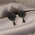Black rose zircon flower stud earrings for women, 18K gold plated copper jewellery