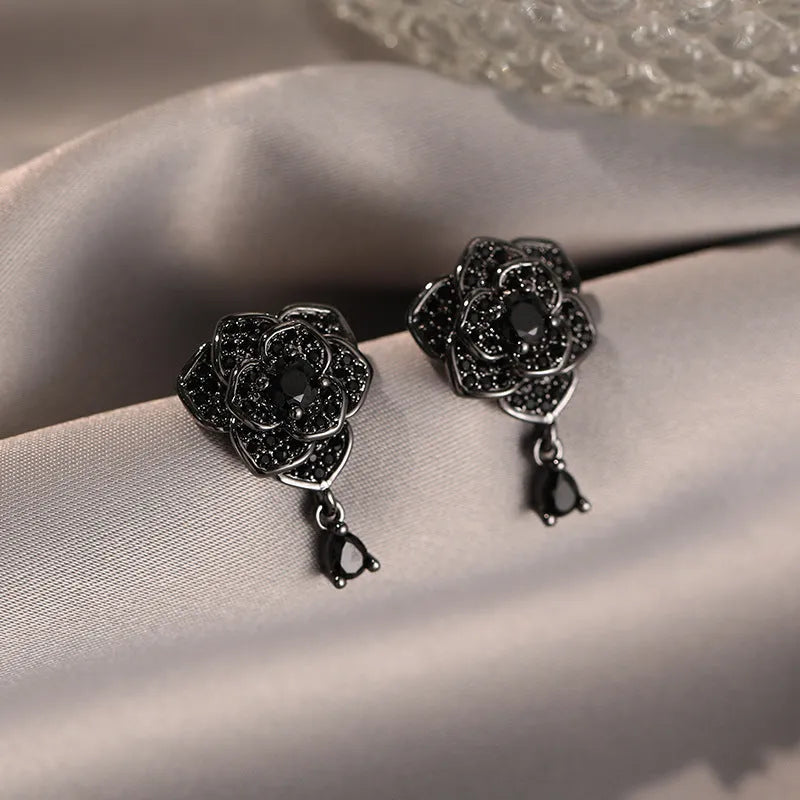Black rose zircon flower stud earrings for women, 18K gold plated copper jewellery
