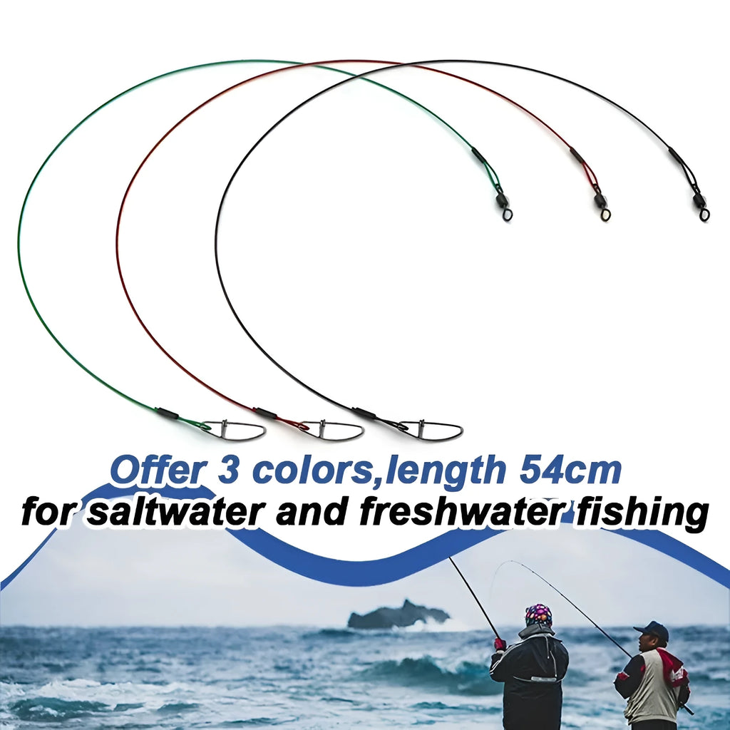 Steel wire double buckle fishing pins in green, black, and red colours showing 54cm length