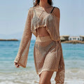 Women's khaki bell sleeve hollow out sun protection clothing set showing top and skirt