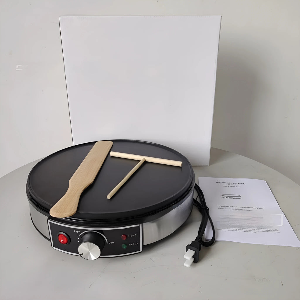 Black electric baking pan with non-stick surface and adjustable temperature knob, 30cm diameter