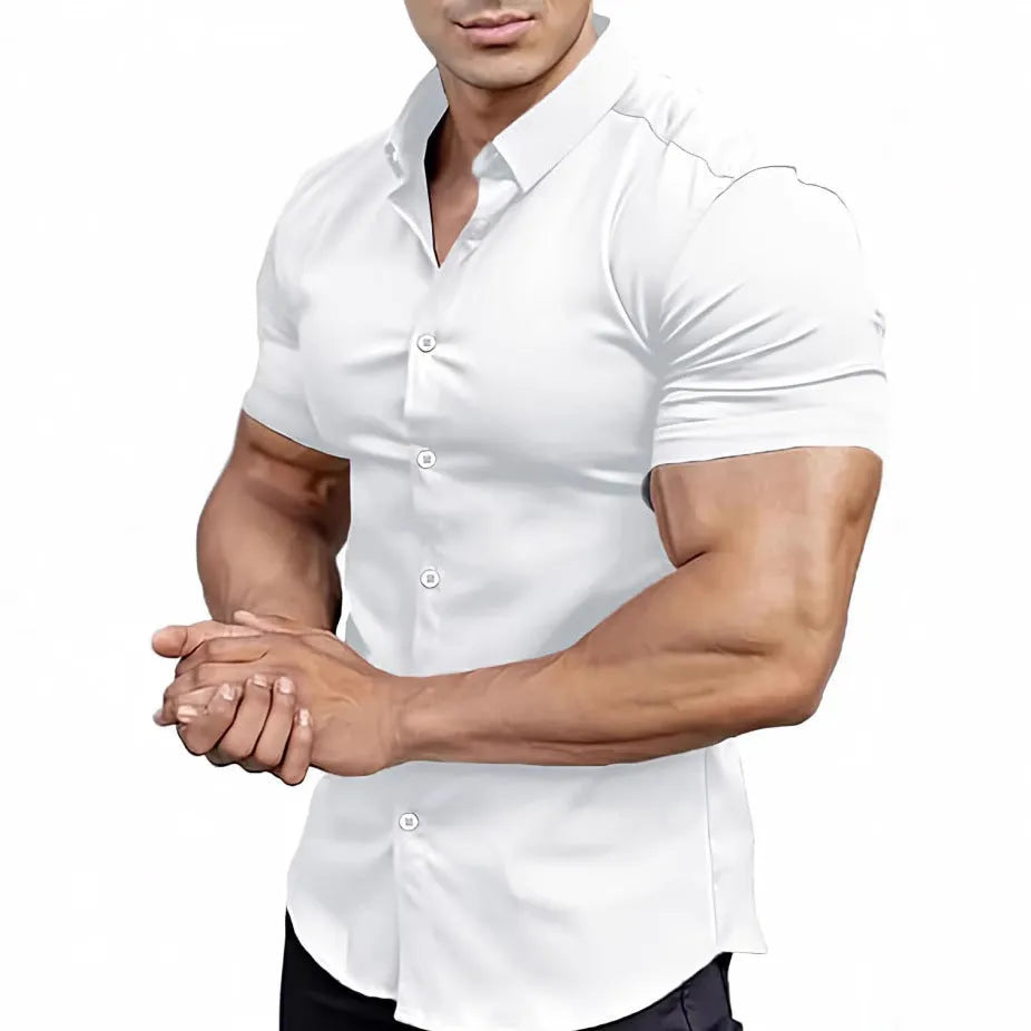 Men's short sleeve printed casual shirt in polyester fabric with collar