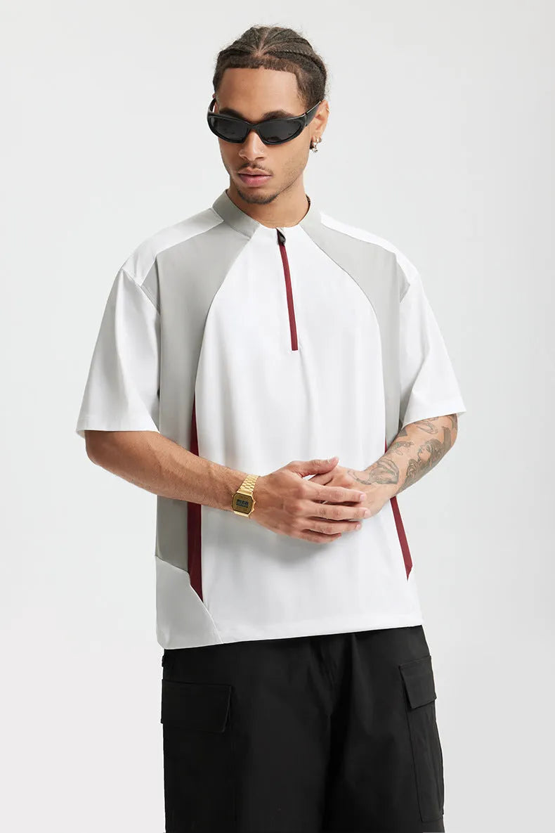 Men's lightweight polyester shirt with stitching detail in black or beige, available in long sleeve and short sleeve versions
