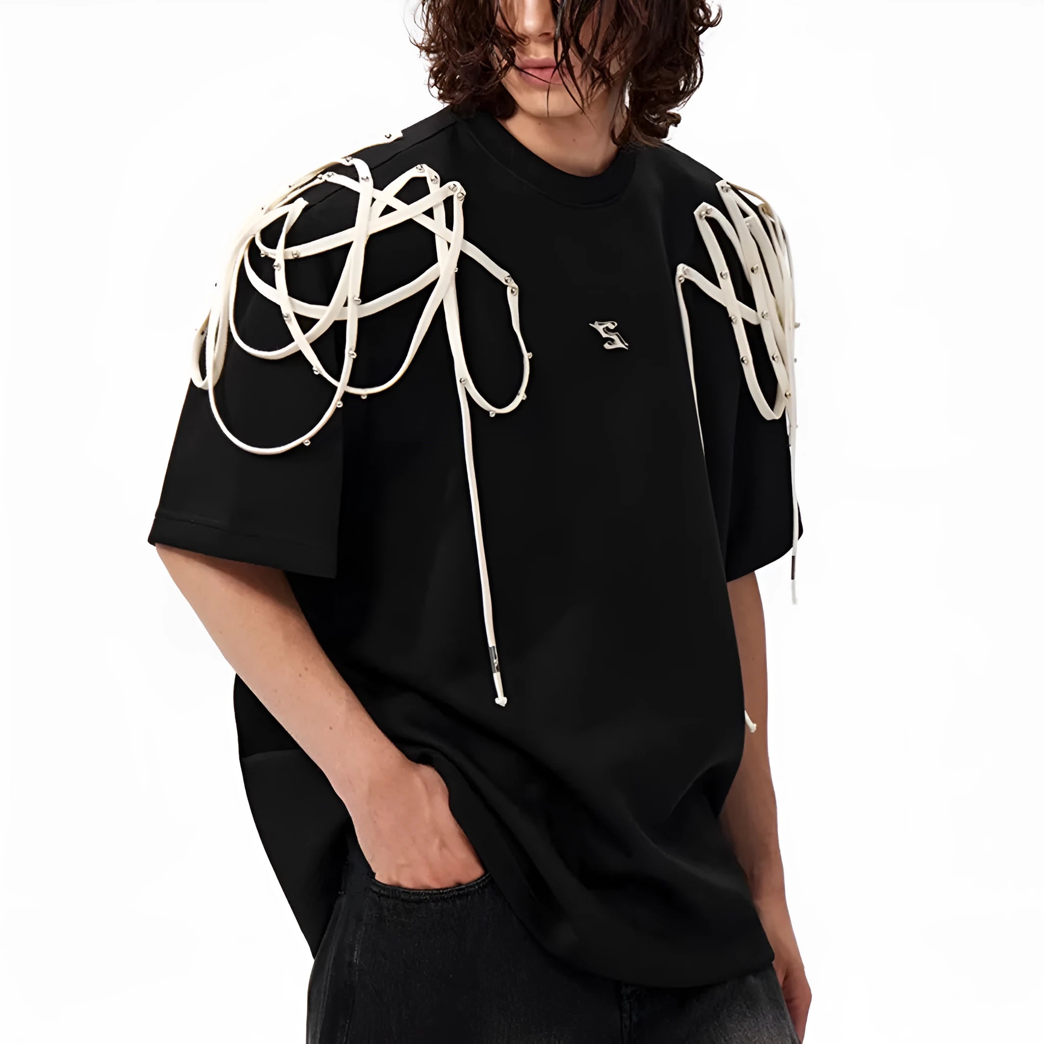 Black loose fit short-sleeve T-shirt with padded shoulders and decorative rivet ribbons.