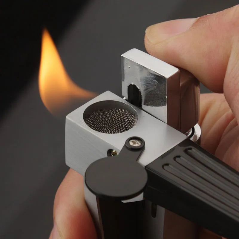 Foldable 2-in-1 metal pipe lighter and refillable butane smoking gadget with silver square cover on a dark background