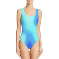 Girl's digital print one-piece sleeveless swimsuit on a hanger, showing the front design.