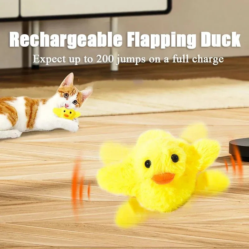 Yellow polyester plush electric duck cat toy with a USB charging cable.