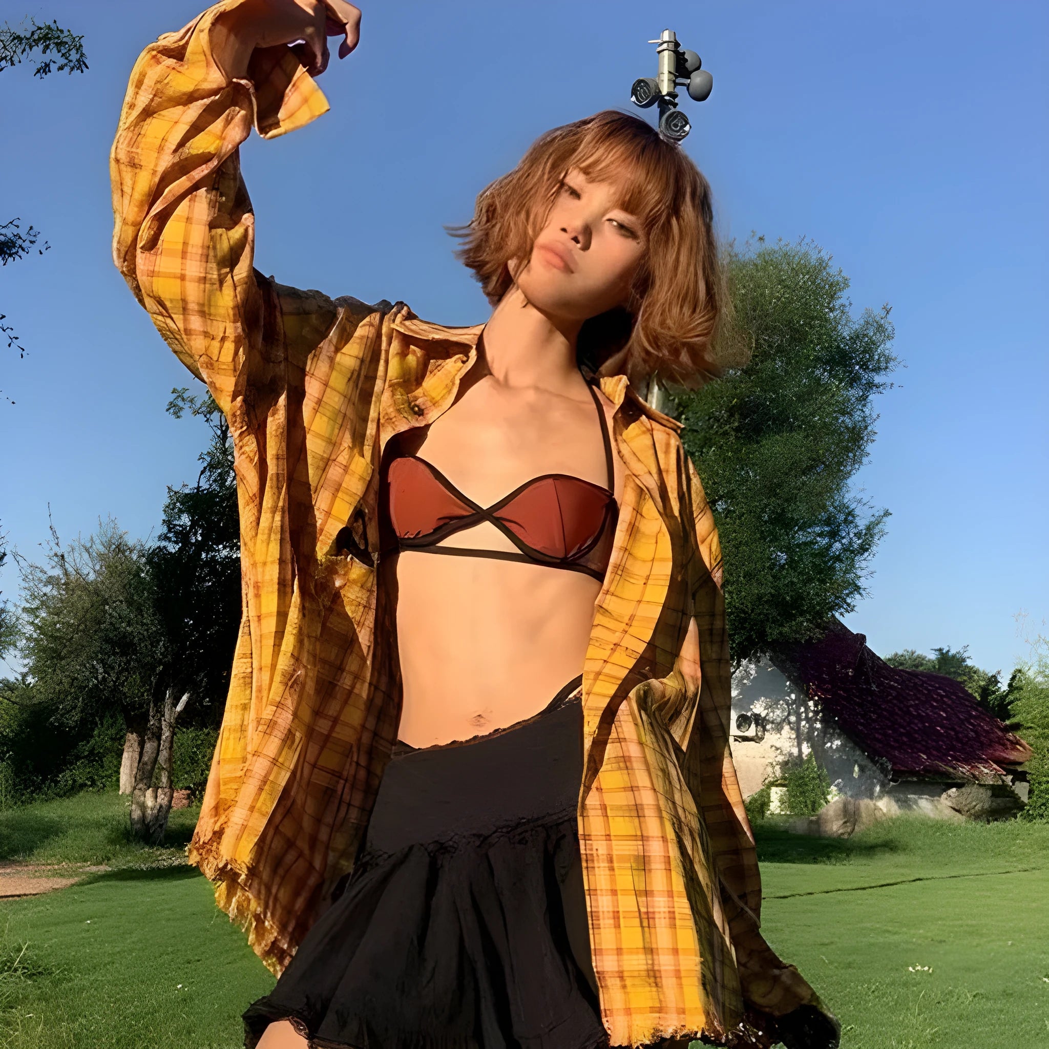 Dopamine yellow plaid shirt with loose fit cardigan style on hanger