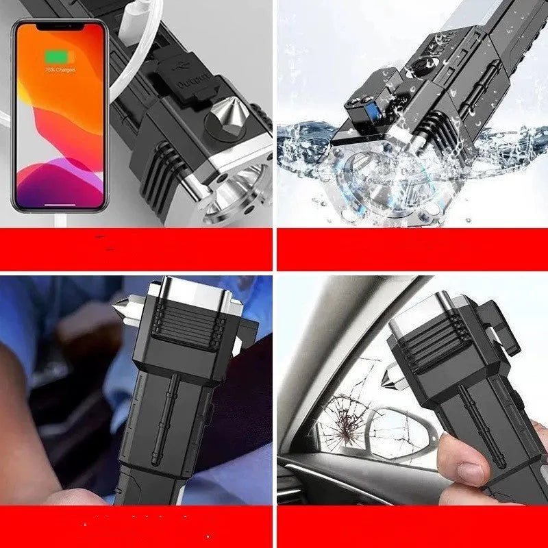 Silver LED flashlight with portable power bank function for outdoor use.