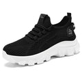 Women's white Flyknit running shoes with a thick PVC sole and lace-up front.