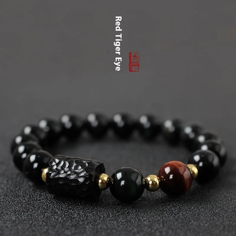 Unisex obsidian bracelet with 10mm round tiger eye beads in yellow, handcrafted retro style