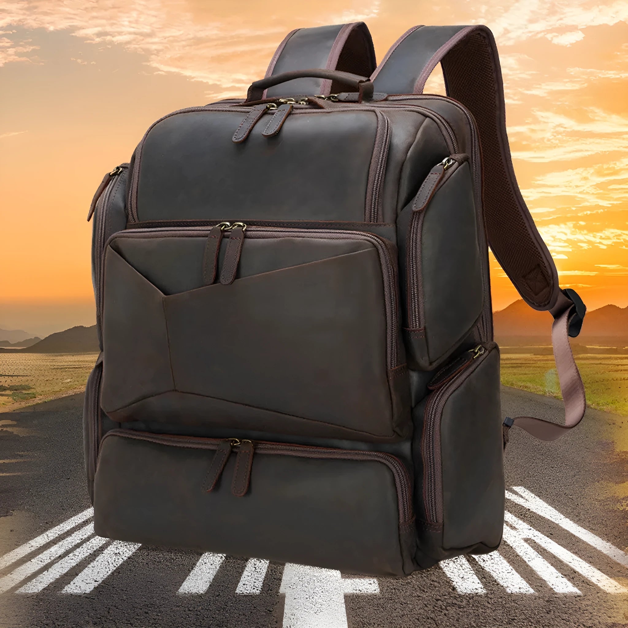 Dark brown retro leather backpack for 17-inch laptops with multiple compartments and shoulder straps