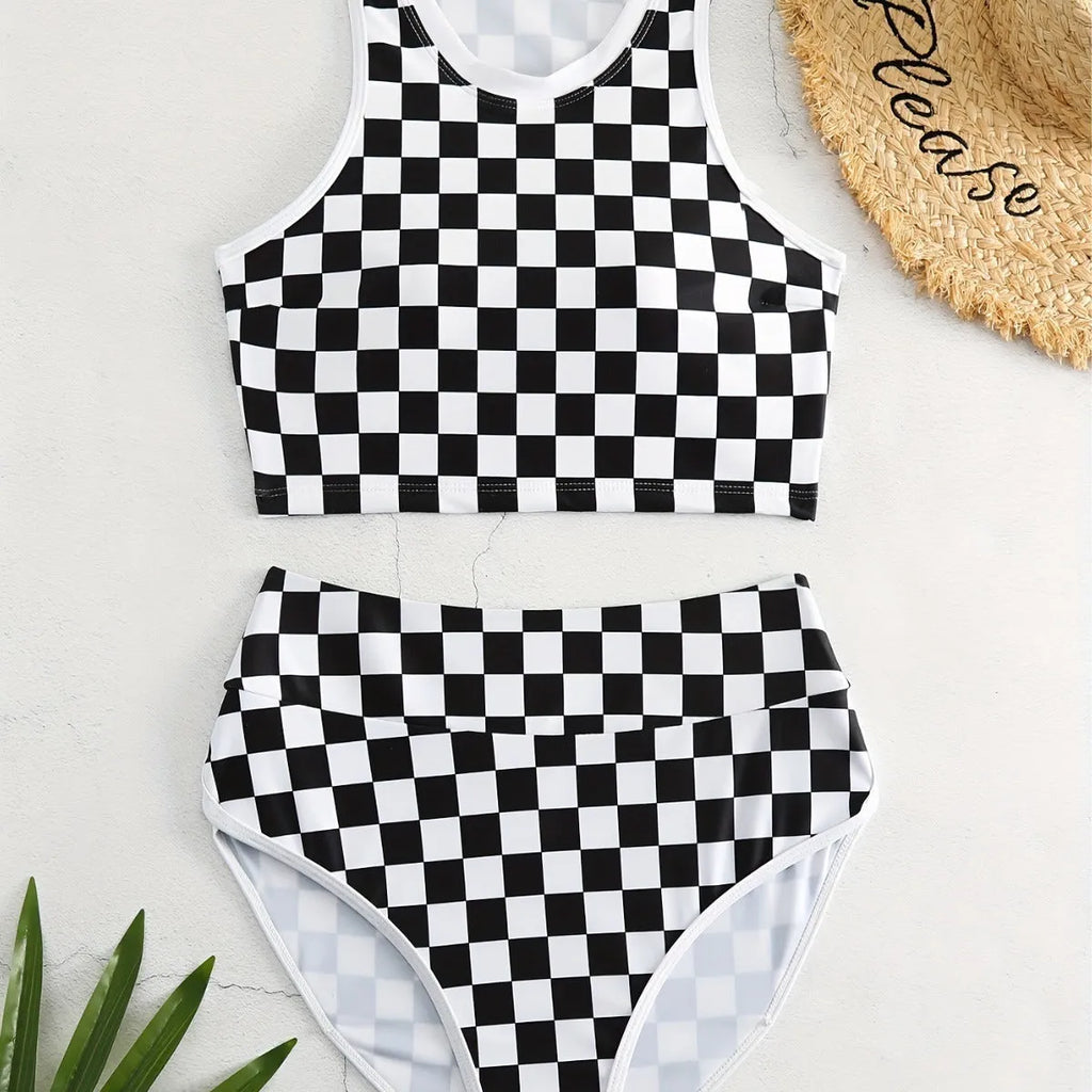 Racing one-piece swimsuit with suspender backless design chessboard plaid pattern polyester sporty style for women