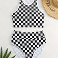 Racing one-piece swimsuit with suspender backless design chessboard plaid pattern polyester sporty style for women