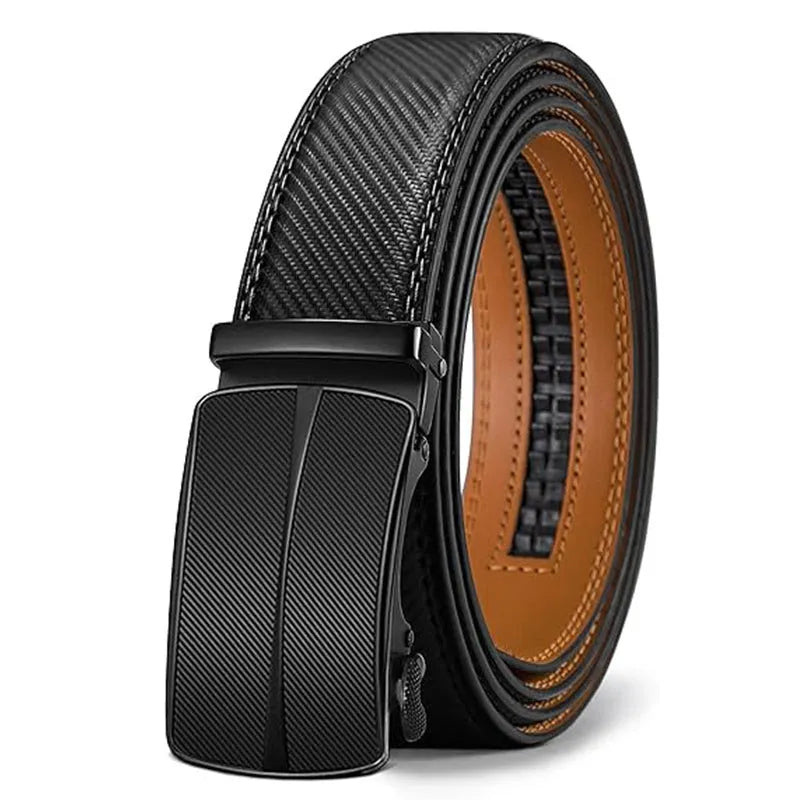 Men's PU leather embossed automatic buckle belt with alloy buckle, 120-140cm length, multiple colour options