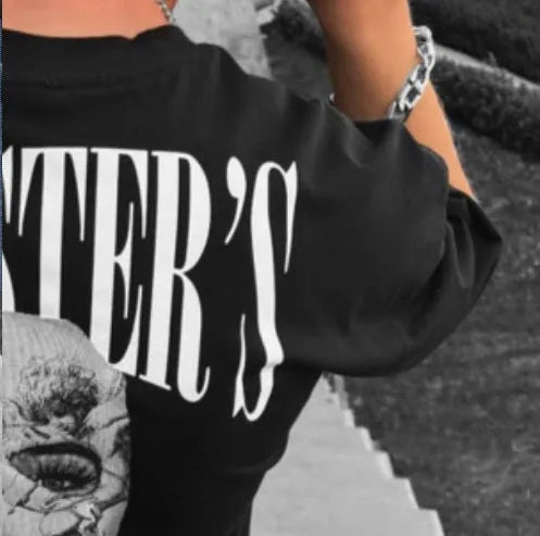 Men's black loose-fit letter print short-sleeve T-shirt imitation cotton fabric