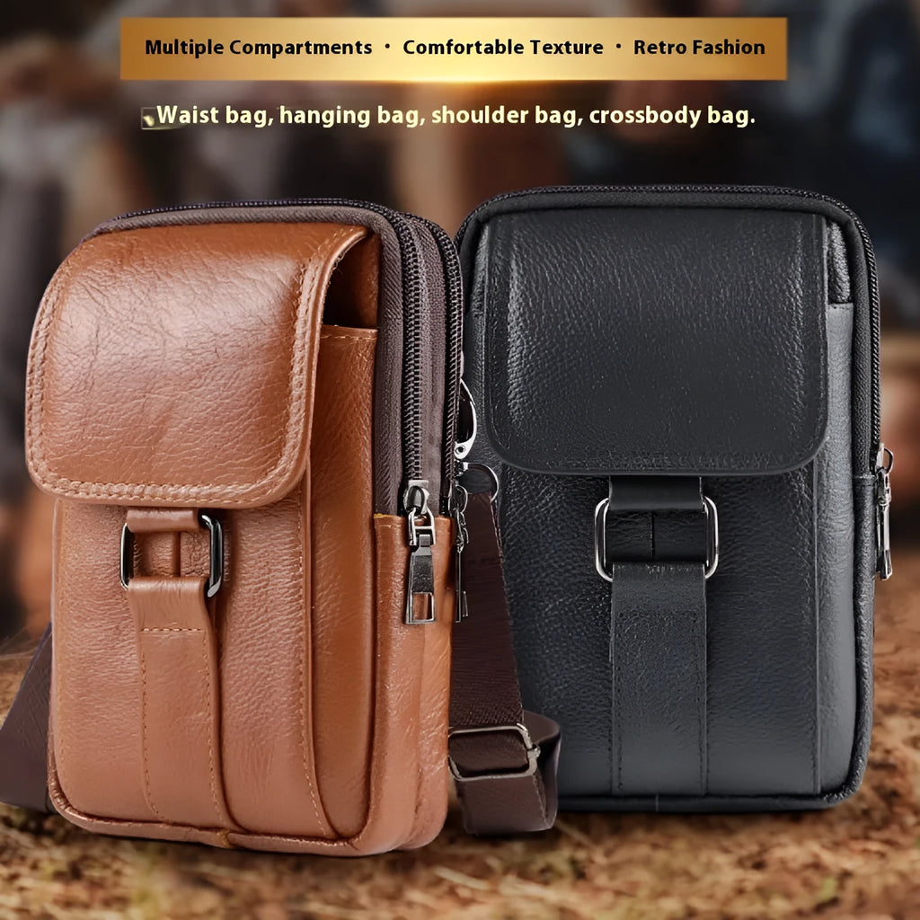 Men's vertical square crossbody waist bag in genuine composite cowhide with lock closure and coin pocket