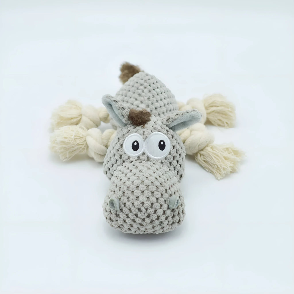 Gray donkey cloth velvet dog toy with creak sound on white background, measuring 27x20x9.5cm
