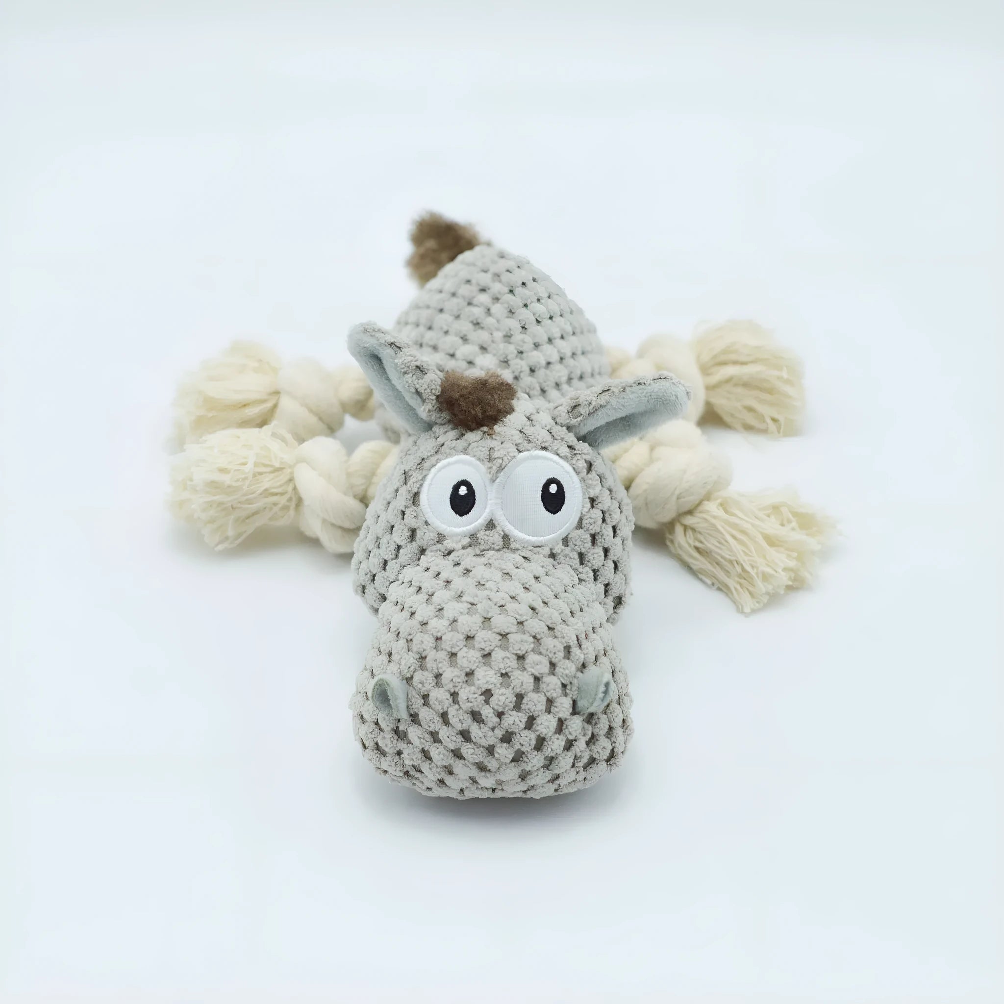 Gray donkey cloth velvet dog toy with creak sound on white background, measuring 27x20x9.5cm