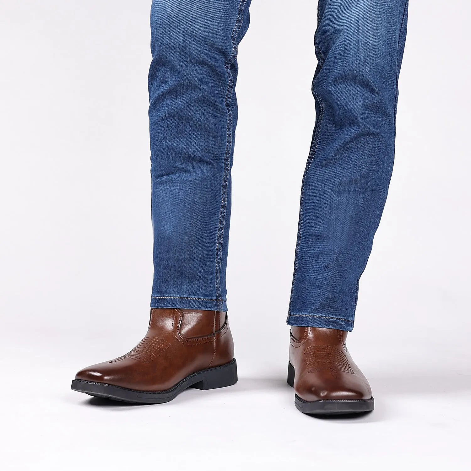 Men's wide square toe cowboy boots with retro embroidery, low horseshoe heel, artificial leather upper, available in brown, black, and khaki