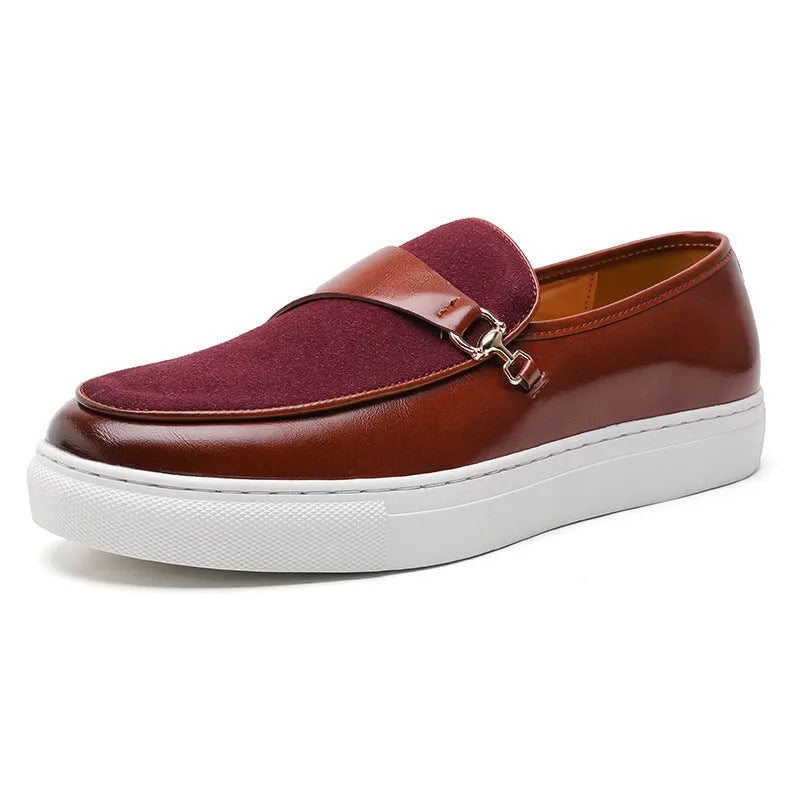 Men's horsebit buckle slip-on loafers in black and red, artificial leather upper, round toe, rubber sole